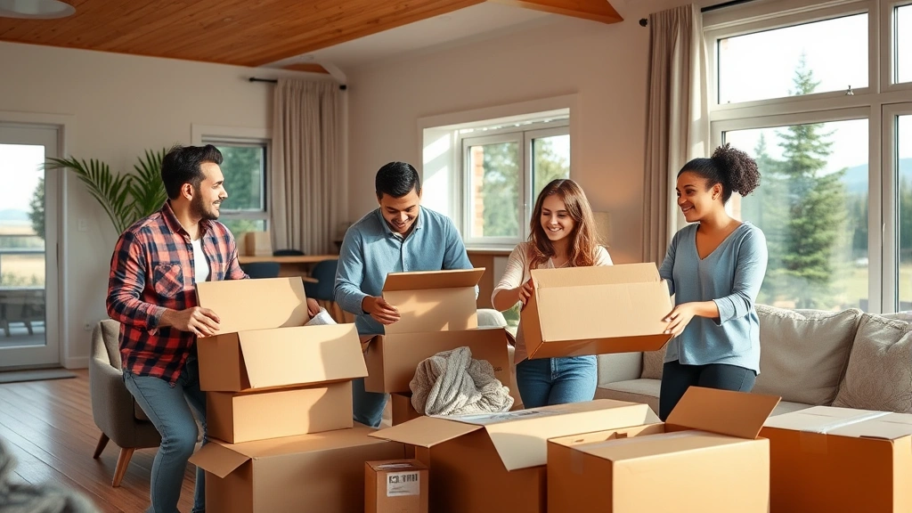 Multicultural family unpacking moving boxes in a spacious Canadian residential living room, smiling and organizing household items, warm natural light from windows showing Canadian landscape
