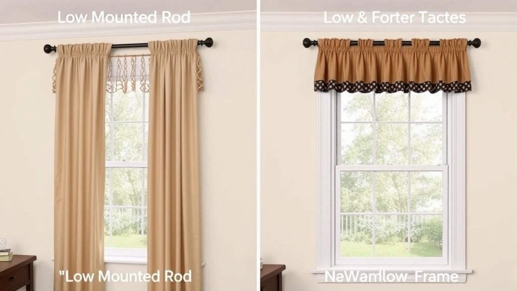 Side-by-side comparison of curtain hanging heights: incorrect low-mounted rod versus correct 4-6 inch placement above window frame, demonstrating visual difference in room proportions