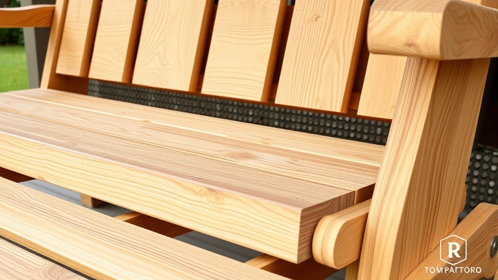 Close-up of reinforced porch swing seat showing laminated wood boards bolted together, sanded smooth edges, and visible support beams creating structural integrity for weight distribution.