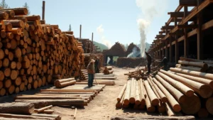 Ancient timber yard with massive logs stacked in organized rows, workers using hand tools to shape wood beams, smoke from fires in background, clear sunny day