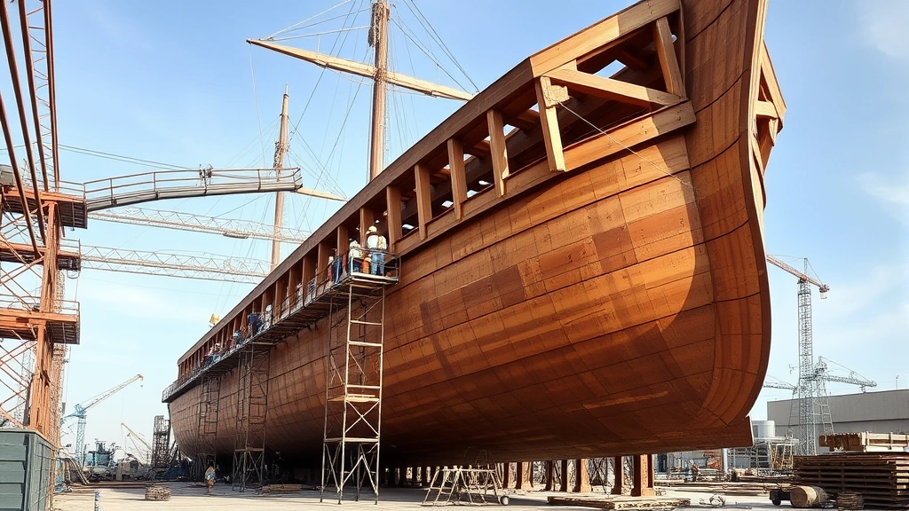 Large wooden shipyard during construction with wooden frame structure rising, workers on scaffolding applying pitch waterproofing to hull, multiple construction phases visible