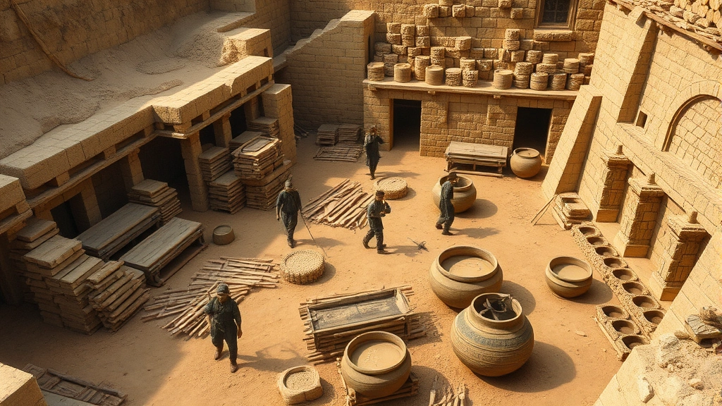 Ancient construction site with organized material storage areas, workers hauling timber, mixing pitch in large vessels, detailed hand-tool usage, authentic period-appropriate construction methods
