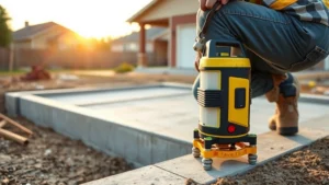 Professional contractor leveling concrete foundation for shed base with laser level tool, construction site in morning light, residential property background