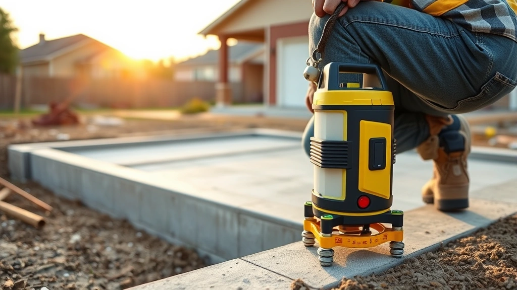 Professional contractor leveling concrete foundation for shed base with laser level tool, construction site in morning light, residential property background