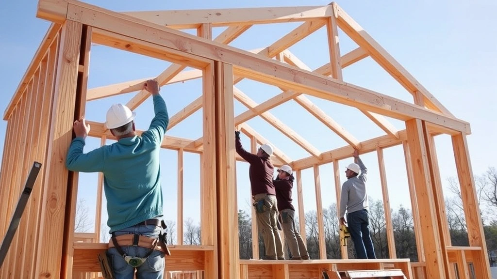 Carpenter installing wall framing for wooden shed structure, raising pre-assembled wall sections, multiple workers securing braces, clear day with tools visible