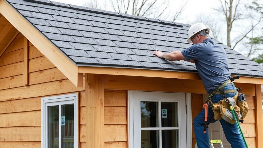 Roofer installing asphalt shingles on completed shed roof structure, showing proper overlap and nail placement, completed walls and windows visible below, safety equipment in use