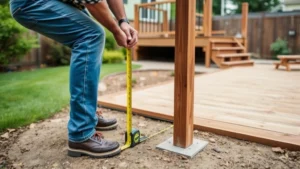 Professional contractor measuring and marking deck post locations on ground with string lines and measuring tape, showing proper layout techniques for residential deck construction in backyard setting