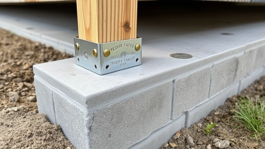 Close-up of galvanized post base and concrete footing installation showing proper deck foundation detail with pressure-treated post sitting in metal bracket above ground level