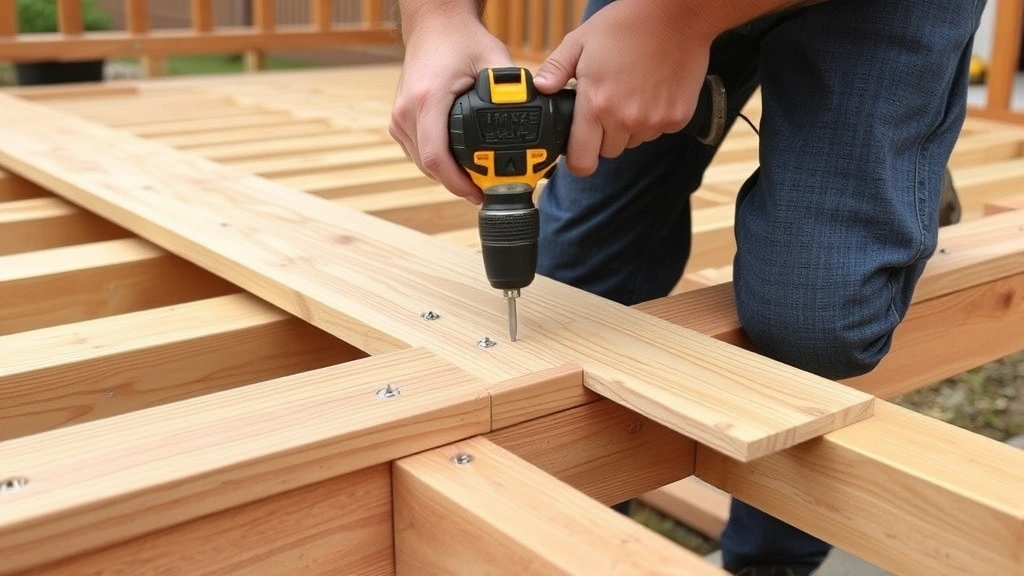 Contractor installing deck boards with power drill and galvanized screws, showing proper spacing between boards and fastener placement technique on residential wood deck frame