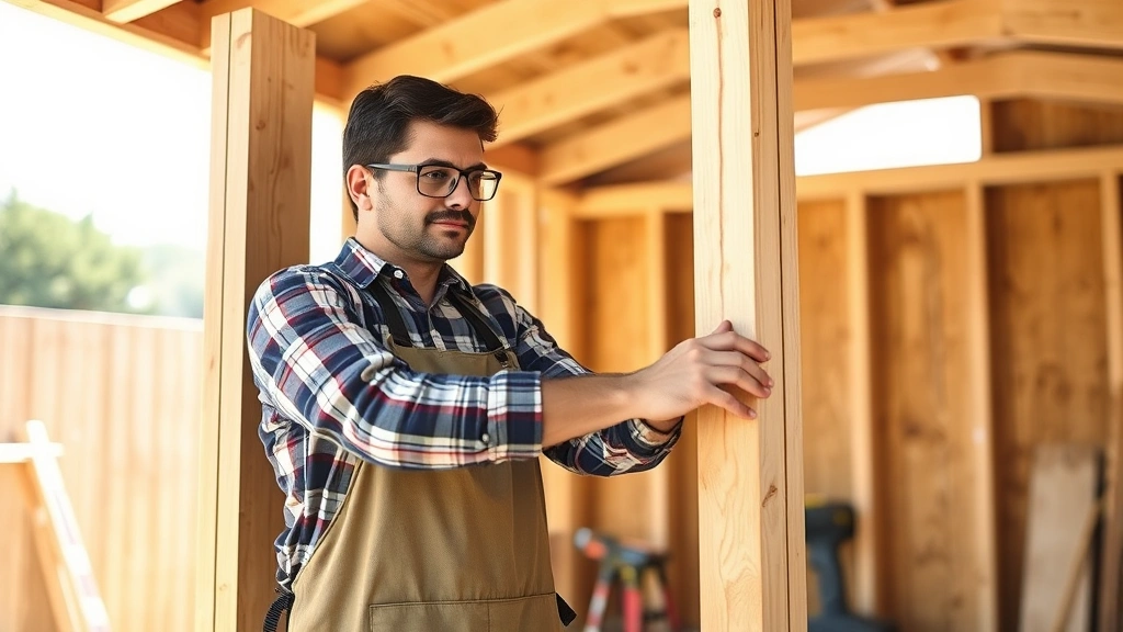 Professional carpenter measuring and marking wooden wall framing for a residential shed, wearing safety glasses and work apron, bright natural daylight, construction site background with tools visible