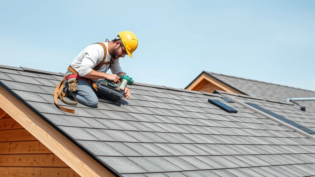 Roofing contractor installing asphalt shingles on shed roof structure, using nail gun and safety harness, multiple roof sections visible, clear sky background, professional worksite setup
