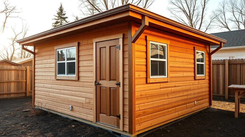 Wide angle of completed wooden shed exterior with painted siding, installed windows and door, finished roofline with gutters, landscaped yard setting, morning sunlight highlighting craftsmanship