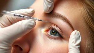 Close-up of professional piercer performing eyebrow piercing procedure with sterile needle and high-quality jewelry, showing proper technique and anatomical positioning on client's face