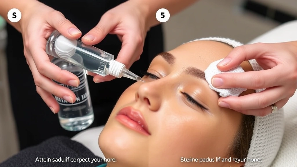 Hands demonstrating proper saline solution cleaning technique for fresh eyebrow piercing using sterile gauze pad and saline bottle, showing correct application method