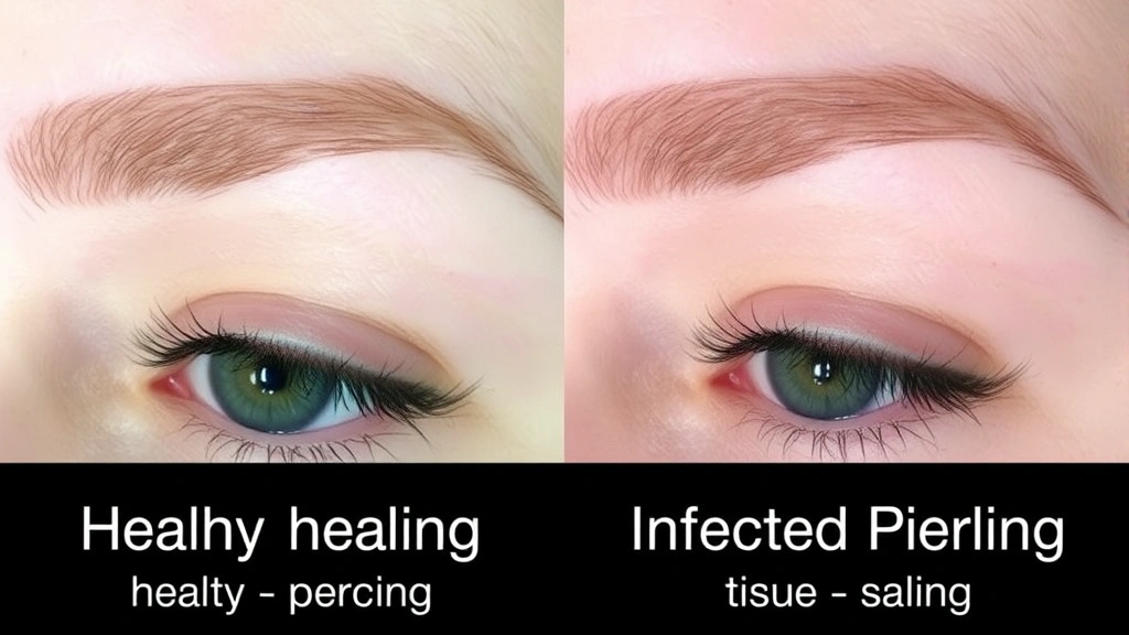 Comparison of healthy healing eyebrow piercing versus infected piercing, showing color differences, swelling progression, and tissue response stages side by side