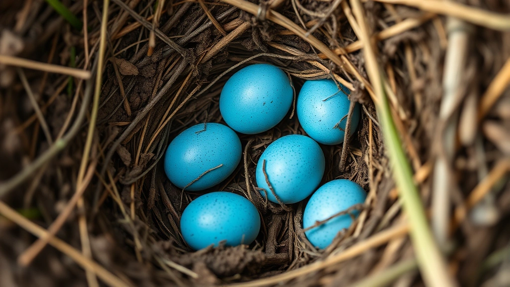 Close-up of bright blue robin eggs nestled in mud and grass nest, natural lighting from above, shallow depth of field showing nest texture and construction materials