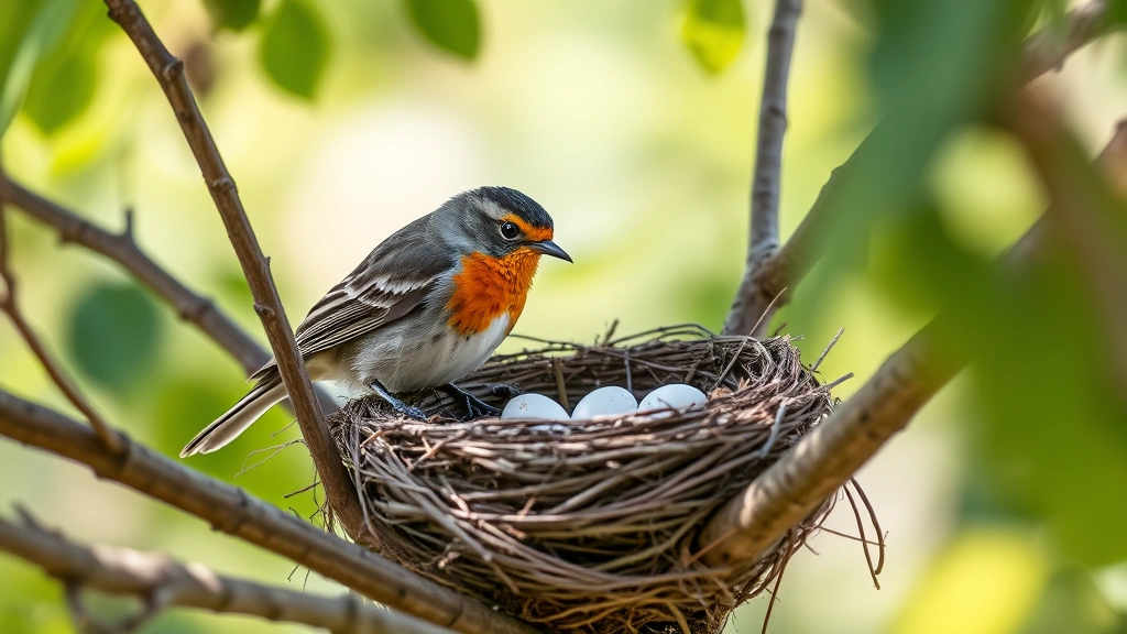 Female American robin sitting attentively on nest with eggs visible, perched on tree branch, soft natural daylight, showing protective nesting behavior and posture