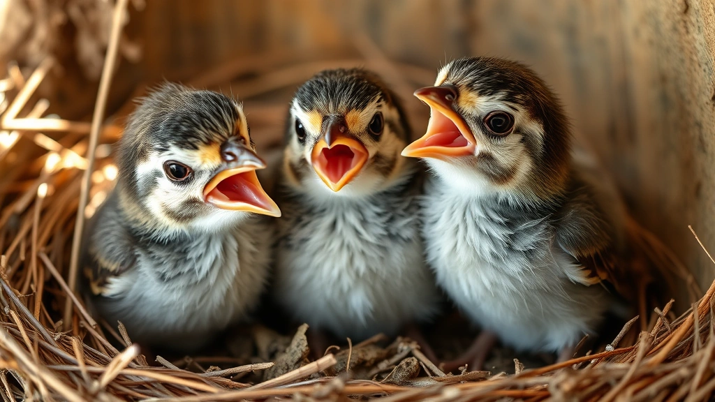 Three newly hatched robin chicks in nest with sparse down feathers, mouths open in begging posture, surrounded by nest material, natural outdoor lighting