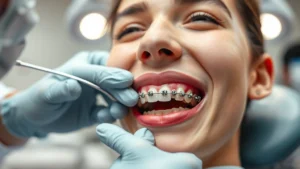 Professional orthodontist adjusting metal braces on teenage patient's teeth, clinical setting with bright dental lights, close-up showing bracket and wire placement with clear detail of tooth alignment progress