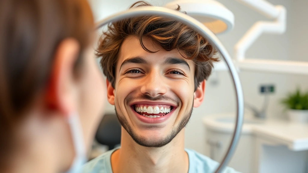 Young adult smiling in dental mirror showing newly installed ceramic braces, modern orthodontic office background, demonstrating comfortable fit and tooth positioning with natural lighting