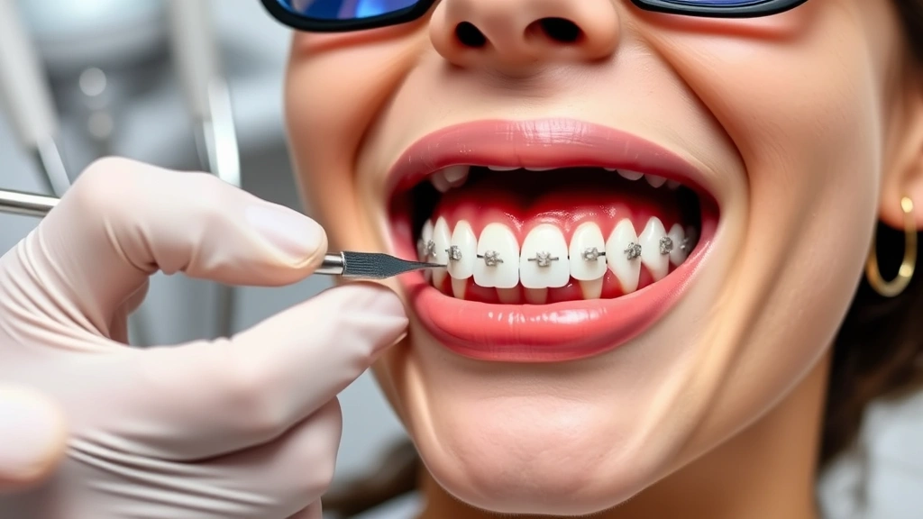 Dental professional removing braces from patient's teeth using specialized tools, showing completed smile with straight teeth alignment, clinical environment with sterilized instruments visible