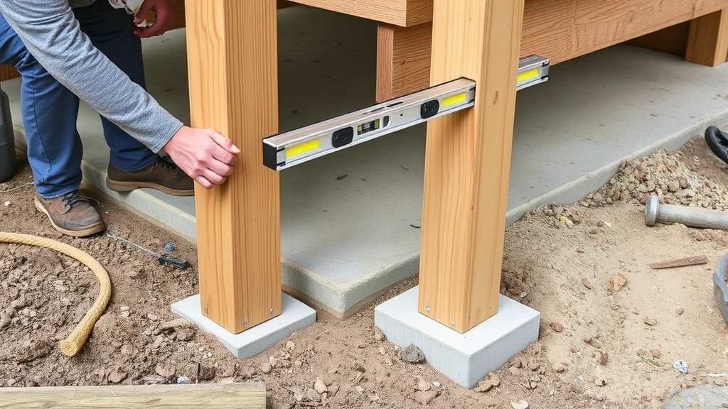 Professional carpenter installing pressure-treated deck posts in concrete footings with level tool, showing proper post positioning and concrete work