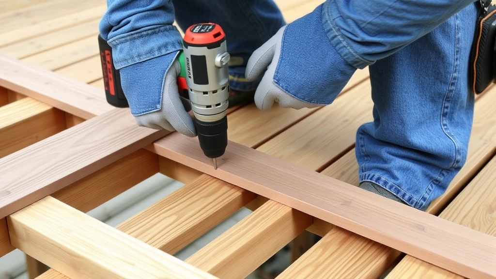 Worker fastening composite decking boards to wooden joists with power drill, demonstrating proper screw spacing and board alignment technique