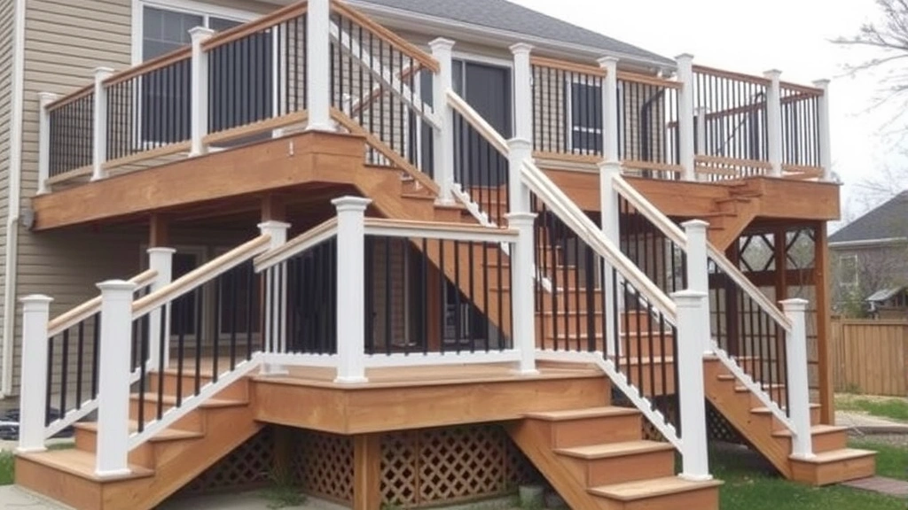 Completed multi-level wooden deck with composite railings and stairs, showing finished installation with proper spacing and structural details