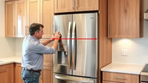 Professional kitchen installation showing new stainless steel refrigerator being positioned with proper spacing from walls and cabinetry, technician measuring clearance distances
