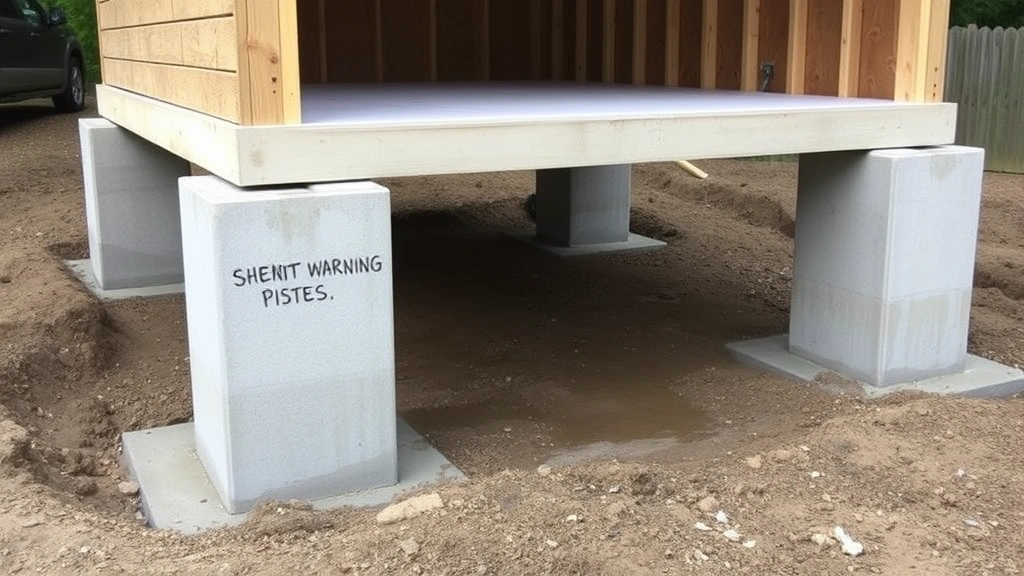 Completed shed foundation with concrete piers properly set above ground, showing level surface and drainage around base, no text or measurements visible