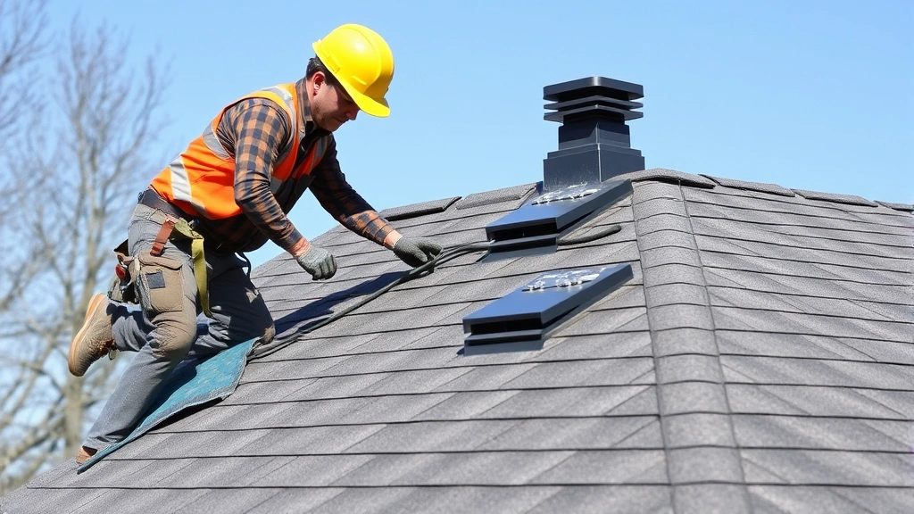 Worker installing asphalt roof shingles on shed roof, showing proper overlap technique and ridge vent installation, clear daylight photography