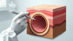 Cross-section medical illustration showing tunneling wound anatomy beneath skin surface with tissue layers, healthcare professional performing wound assessment with probe, clinical setting