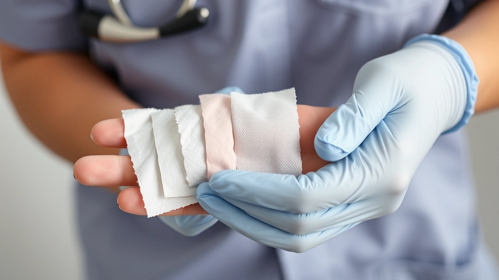 Sterile wound dressing application on hand with multiple gauze types displayed, healthcare provider in gloves performing careful dressing change, close-up of tunneling wound management