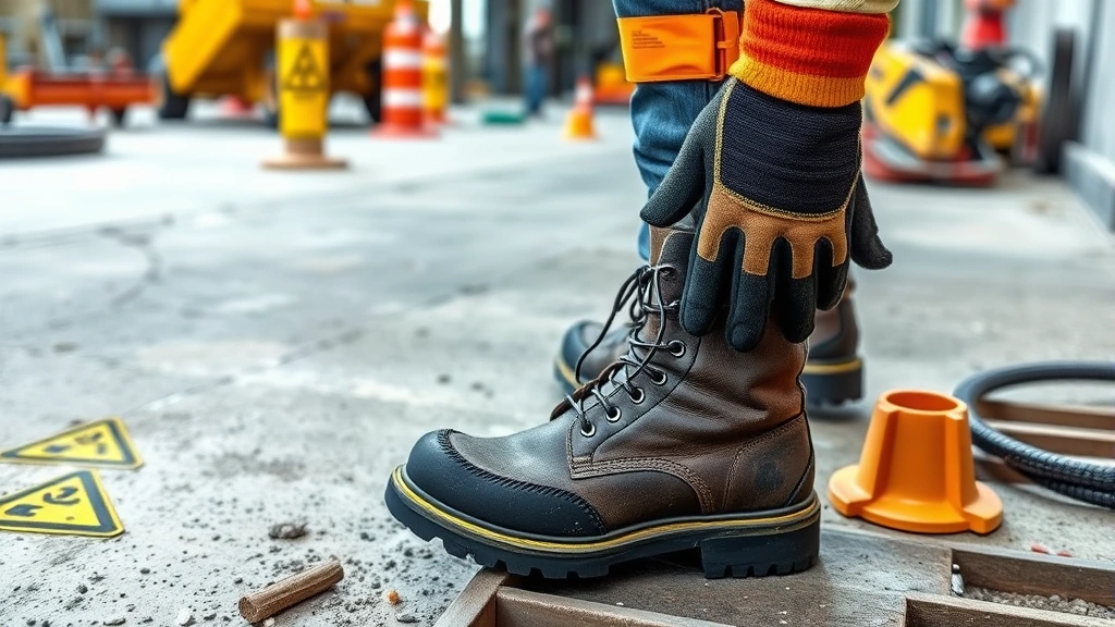 Construction worker wearing steel-toed boots and puncture-resistant gloves on job site, hazard identification markers showing sharp objects and machinery, safety equipment prominently displayed