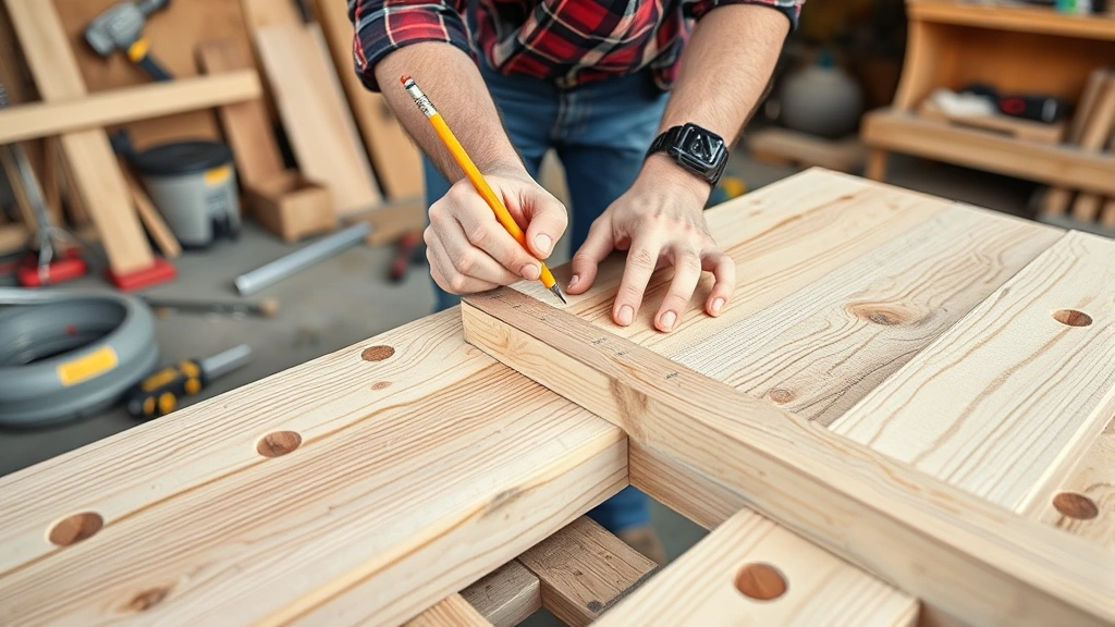 Professional carpenter measuring and marking rafter cuts on pressure-treated lumber using speed square and pencil, outdoor workshop setting with organized tools