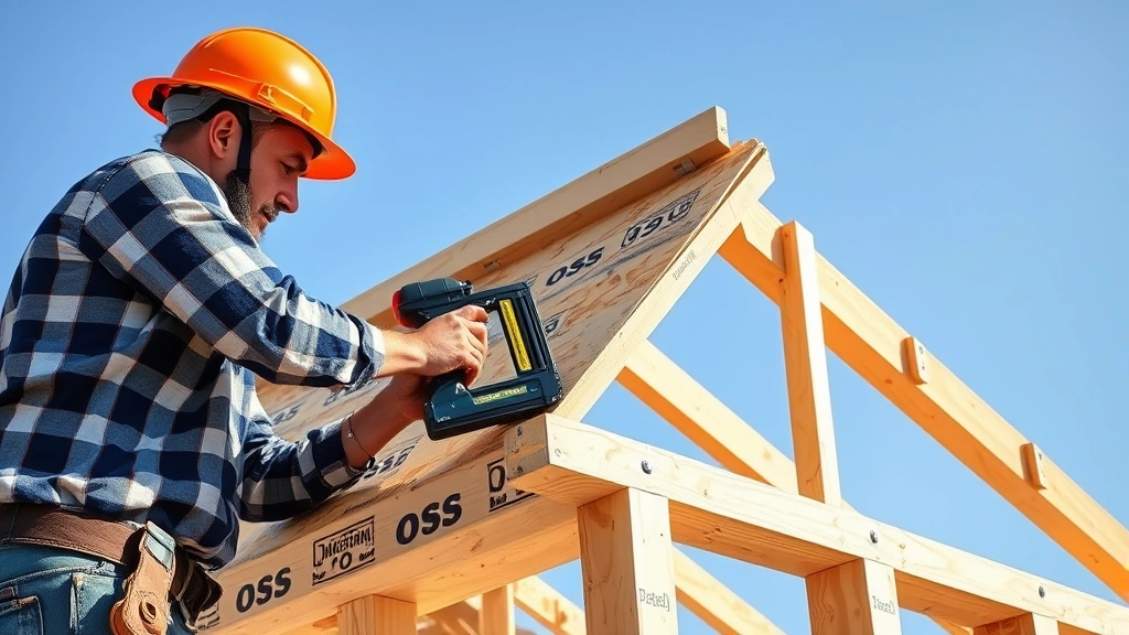 Worker installing roof sheathing on completed rafter frame, showing proper fastening pattern with pneumatic nailer and OSB sheets, clear daylight