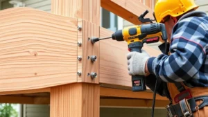 Construction worker drilling lag bolts into pressure-treated rim joist attached to house band board, showing proper deck attachment method with multiple fasteners visible