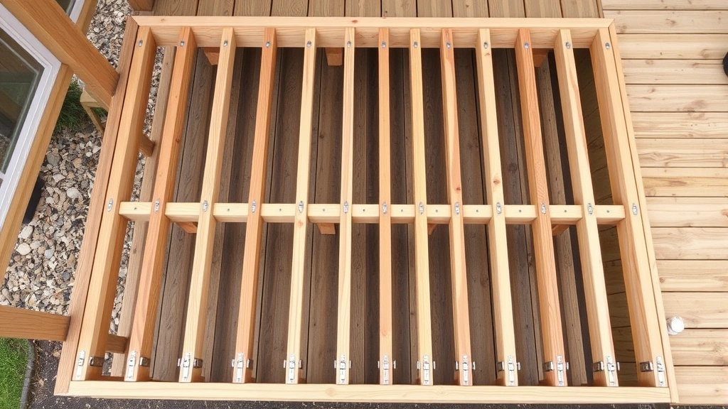 Overhead view of completed deck frame showing pressure-treated joists installed perpendicular to beams with proper spacing and joist hangers, demonstrating structural layout