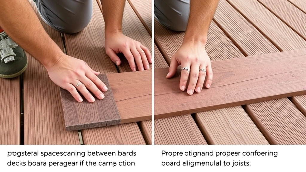Professional installing composite decking boards with consistent spacing between boards and fasteners, showing proper fastening technique and board alignment perpendicular to joists