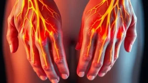 Close-up of hands and forearms showing peripheral nerve pathways overlaid on skin, medical illustration style showing nerve damage progression, realistic human anatomy, no text or labels, warm clinical lighting