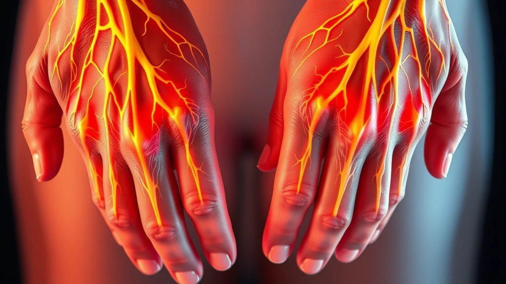 Close-up of hands and forearms showing peripheral nerve pathways overlaid on skin, medical illustration style showing nerve damage progression, realistic human anatomy, no text or labels, warm clinical lighting