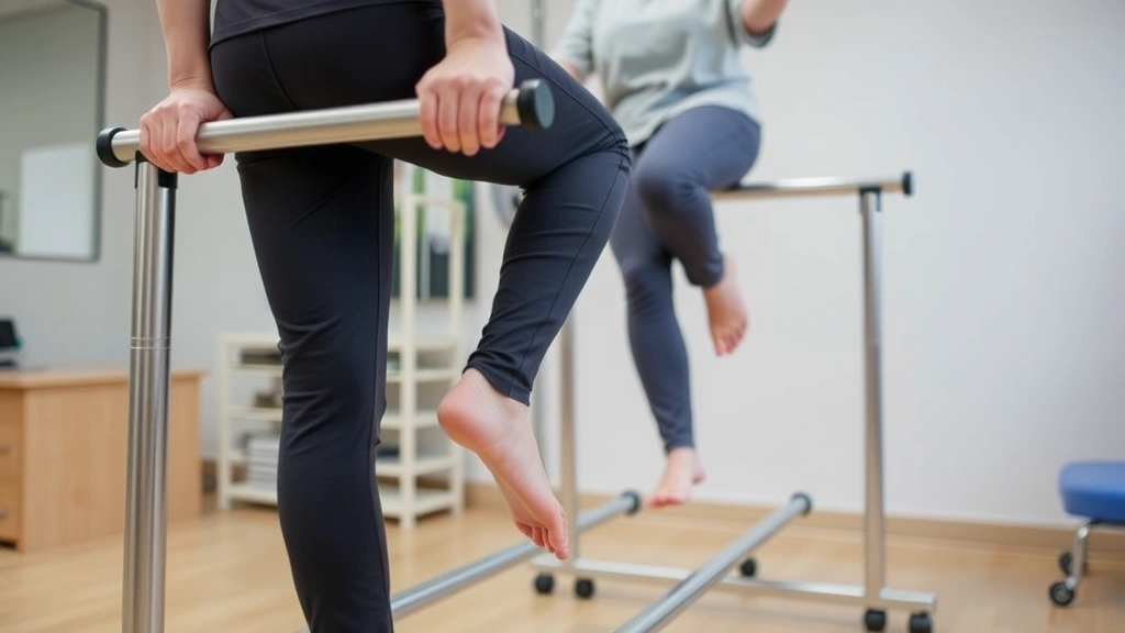 Physical therapist guiding patient through balance exercises using parallel bars in rehabilitation clinic, focused on lower leg and foot positioning, professional healthcare setting, no identifiable faces
