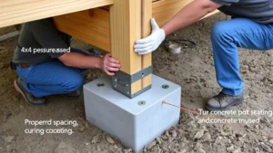 Professional deck builder installing adjustable post base on concrete footing with 4x4 pressure-treated post, showing proper spacing and concrete curing setup