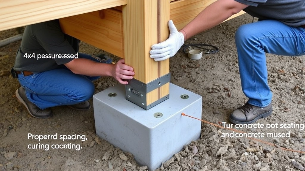 Professional deck builder installing adjustable post base on concrete footing with 4x4 pressure-treated post, showing proper spacing and concrete curing setup