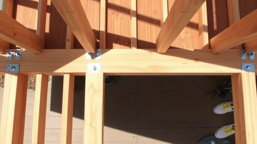 Overhead view of completed deck framing with pressure-treated joists attached to beam using metal joist hangers, demonstrating proper spacing and fastening