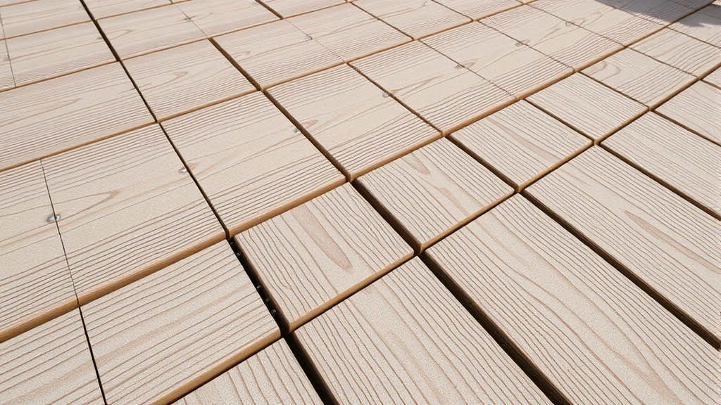 Close-up of deck board installation with composite decking boards spaced evenly on pressure-treated joists, showing corrosion-resistant fastener placement and pattern