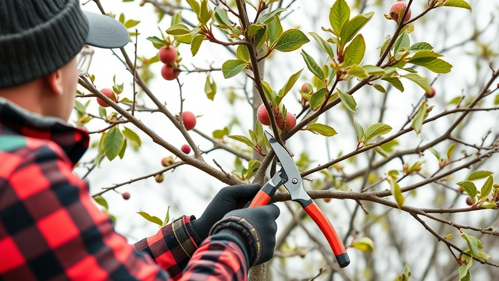 Professional arborist performing dormant season pruning on apple tree branch structure, showing proper cutting angles and central leader framework, clear winter conditions with pruning tools visible