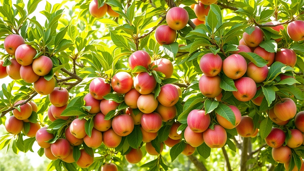 Mature productive apple tree heavily laden with ripe red and green apples, full canopy structure, dappled sunlight through leaves, realistic orchard or backyard garden environment
