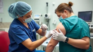 Professional healthcare worker administering B12 injection into patient's upper arm, clinical setting with medical equipment visible in background, realistic medical photography