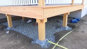 Professional deck construction showing pressure-treated post bases installed in concrete footings with proper drainage gravel visible, measuring tape and level on ground